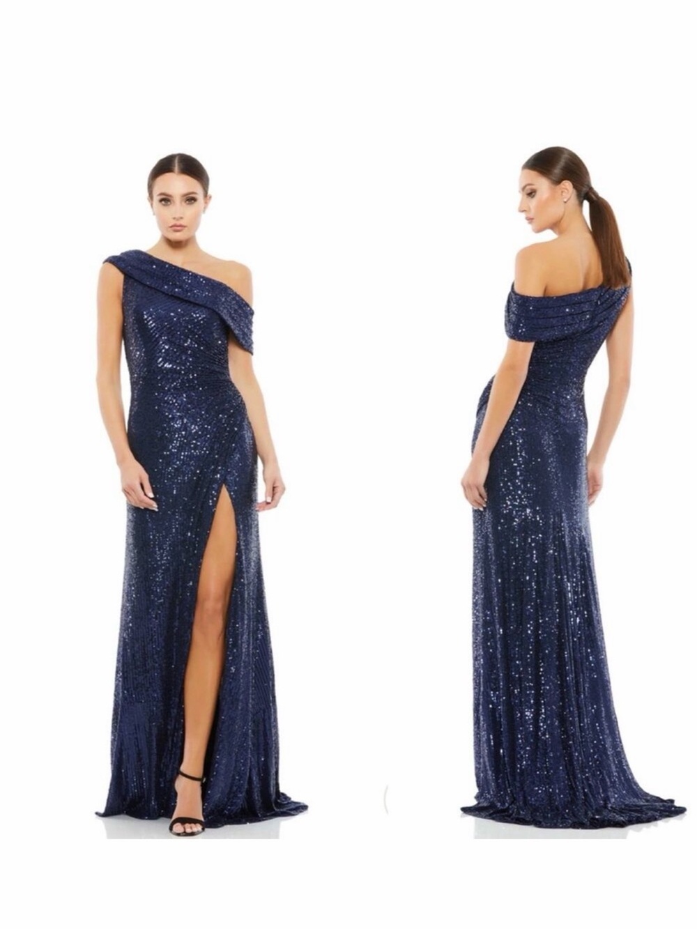 Off-Shoulder Navy Sequin Evening Gown